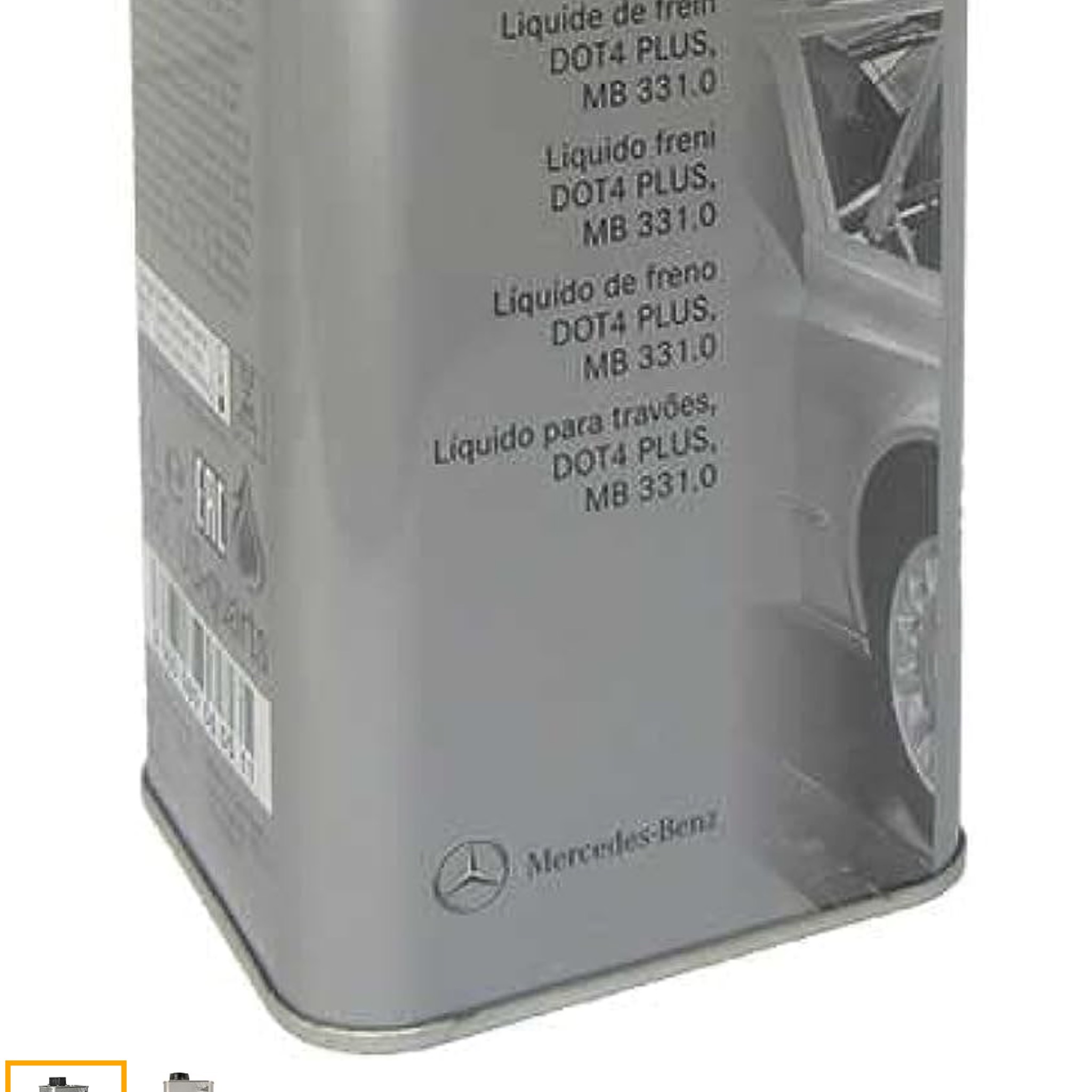 A 1-liter rectangular silver metal can of genuine Mercedes-Benz Brake Fluid DOT 4