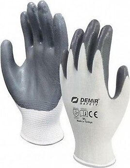 A pair of premium Demir Safety lightweight gloves featuring a flexible white polyester knit body