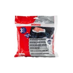 A red and silver plastic packaging bag containing three ultrafine and soft microfiber cloths/towels