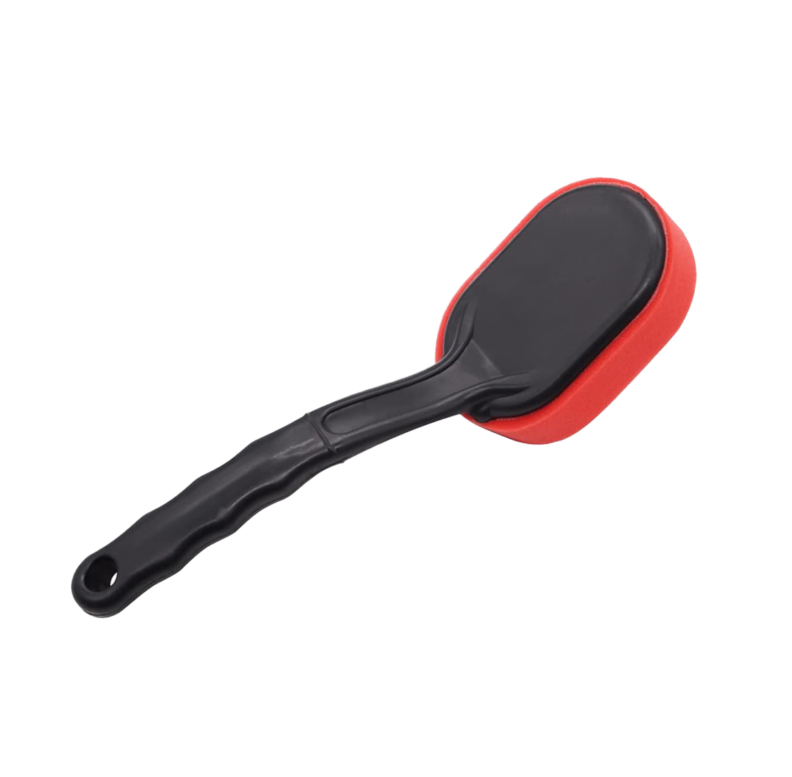 A red rectangular sponge dedicated to polishing and cleaning car tires, mounted on a long black plastic handle