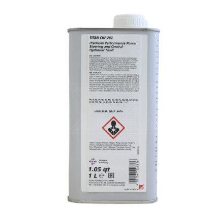 A rectangular metal canister of Fuchs Titan CHF 202 hydraulic fluid