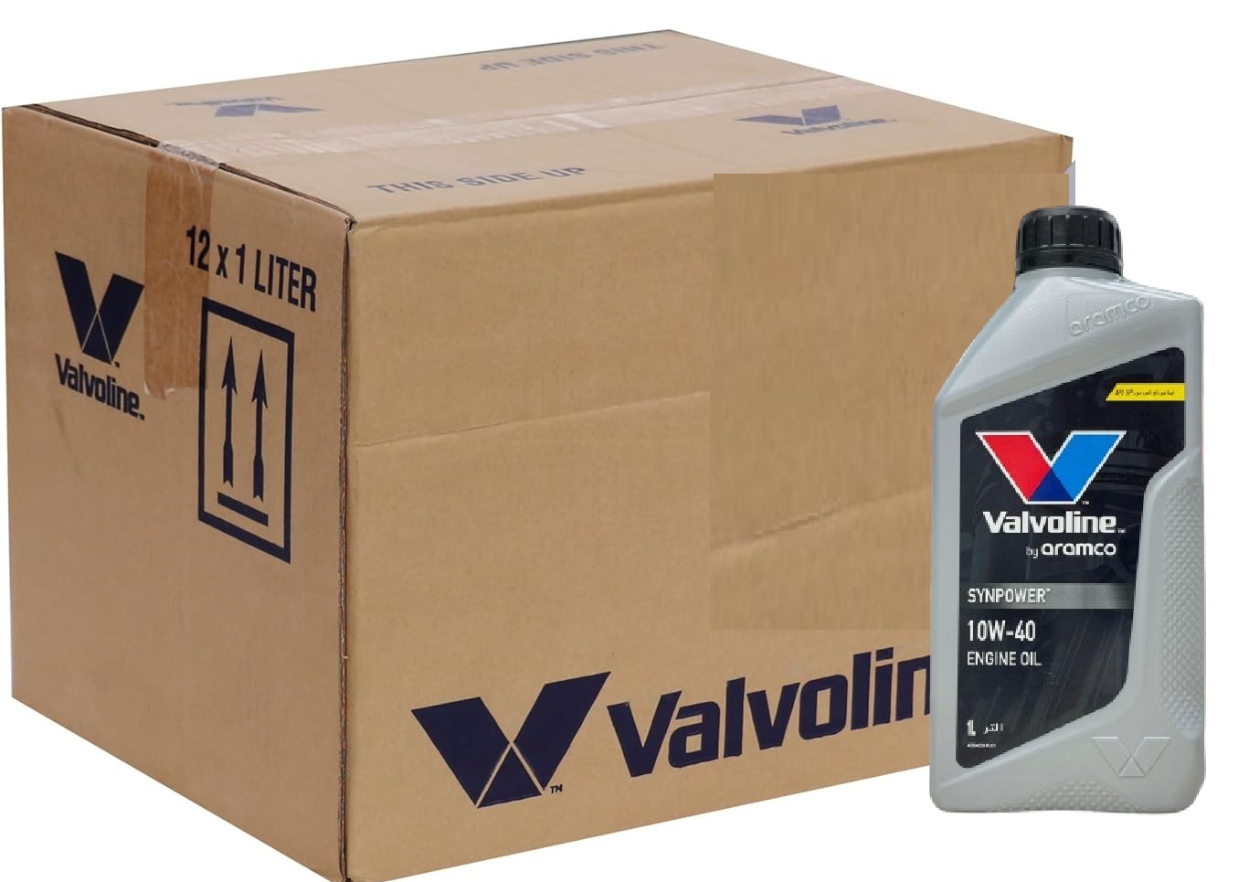 A brown wholesale cardboard box next to a gray Valvoline from Aramco All Climate 10W-40