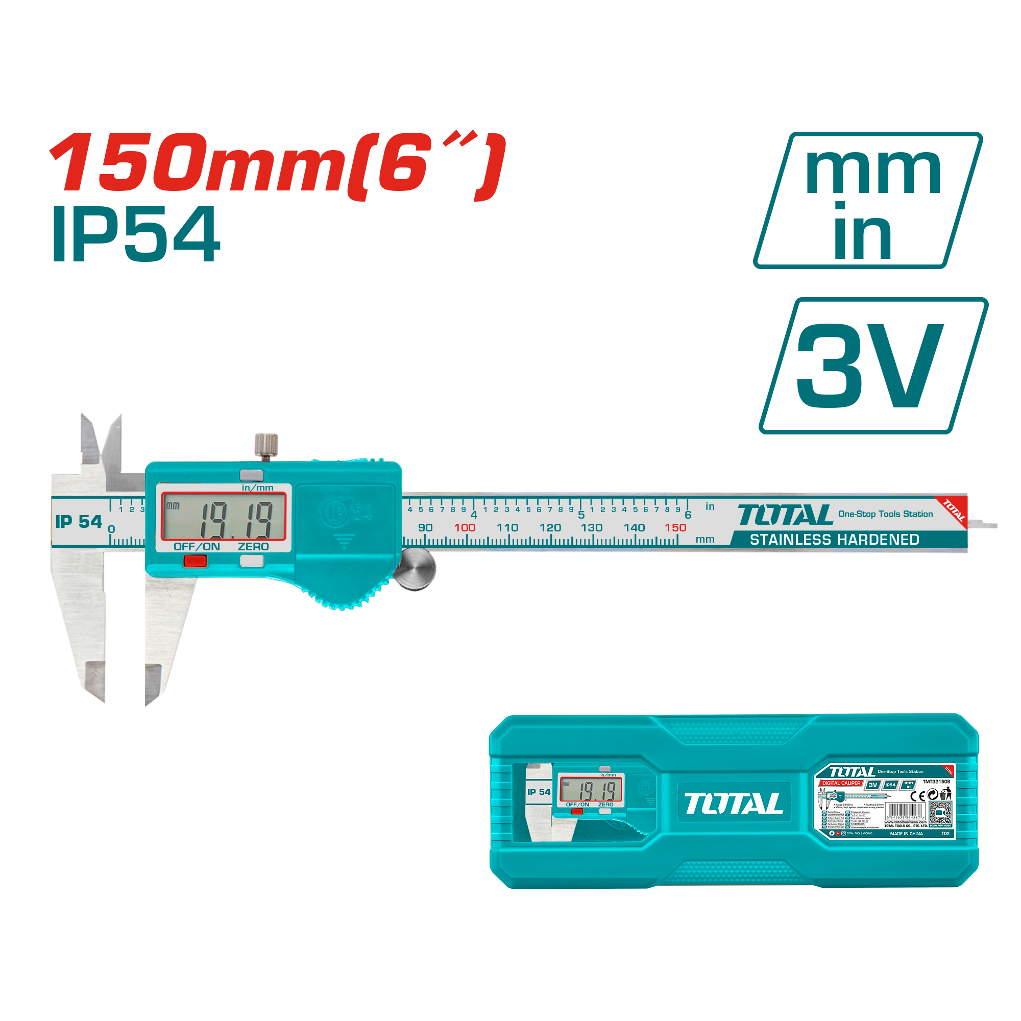 TOTAL 150mm digital caliper tool made of hardened stainless steel