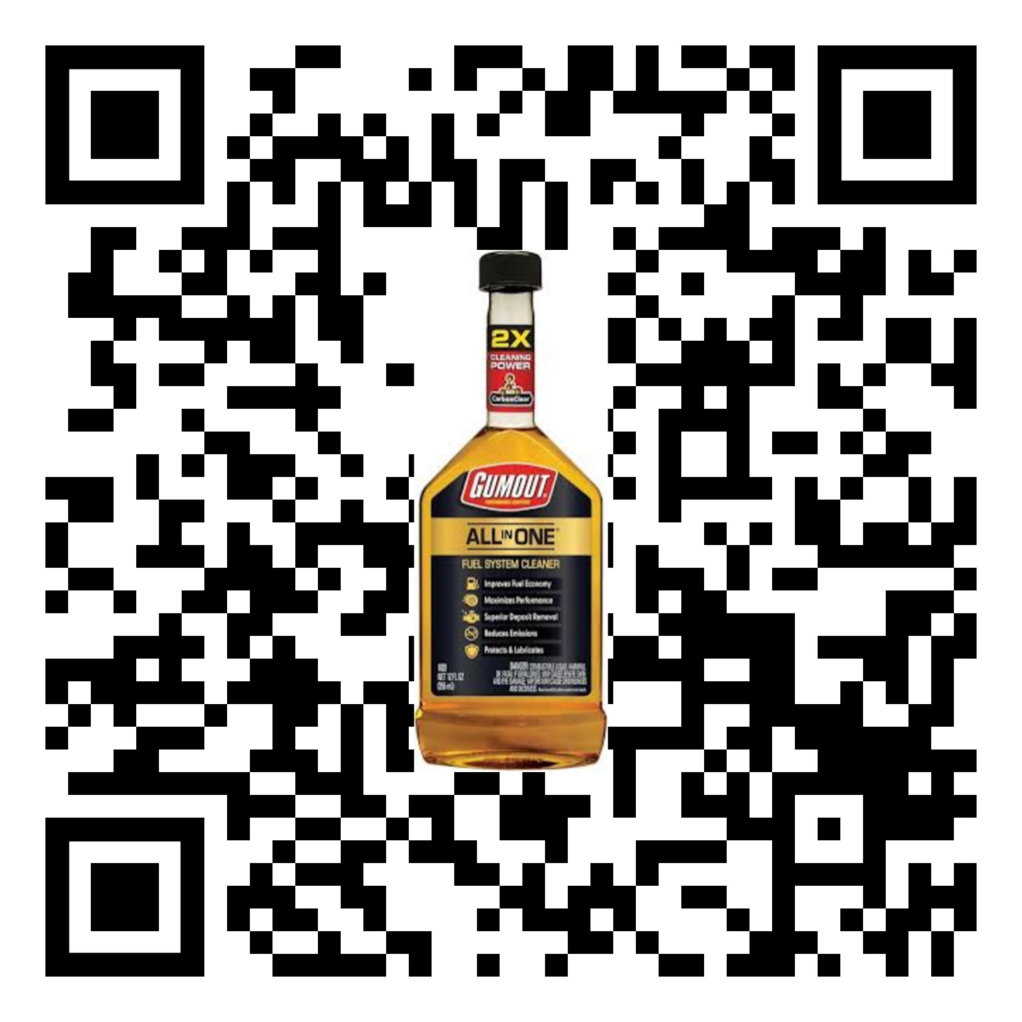 A 12 FL OZ (355ml) clear long-neck bottle of Genuine GUMOUT All-In-One Fuel System Cleaner fluid