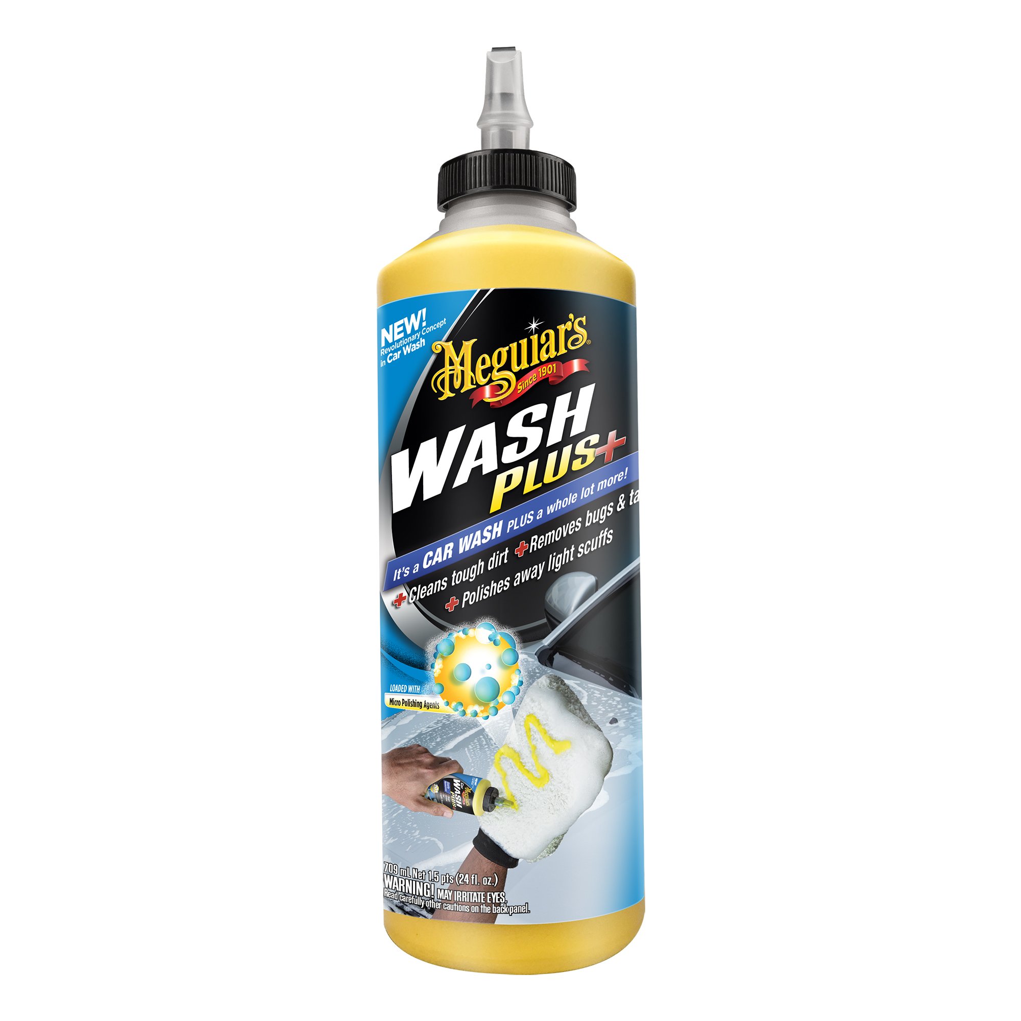 A 709ml yellow bottle with a precision dispenser cap of Meguiar's Wash Plus+ Car Wash.
