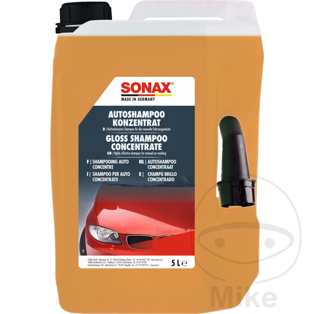 A 5L orange/yellow jug of Sonax Gloss Shampoo Concentrate with a black cap