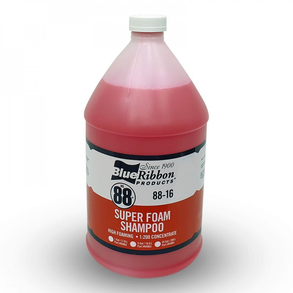 A 3.78L (1 US Gallon) jug of Blue Ribbon Super Foam Shampoo with pink foaming liquid.