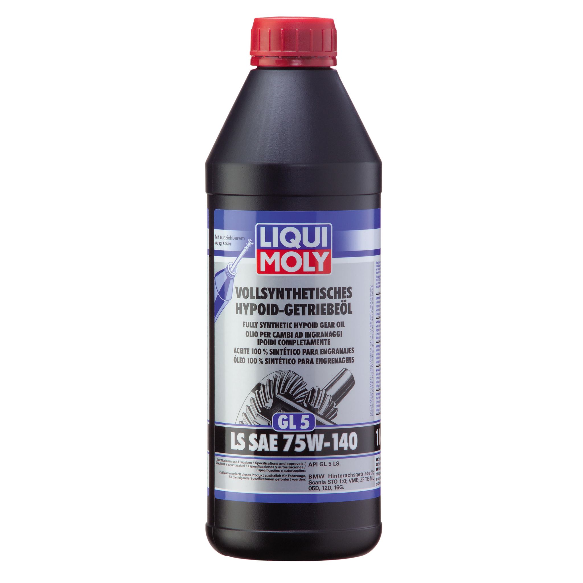 A genuine black 1-Liter plastic bottle of Liqui Moly Fully Synthetic Hypoid Gear Oil