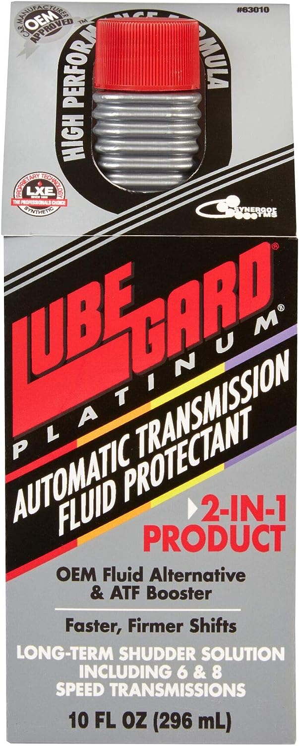 A 296 mL black and red bottle of Lubegard Platinum 2-in-1 Automatic Transmission Fluid Protectant on Carboost store interface.