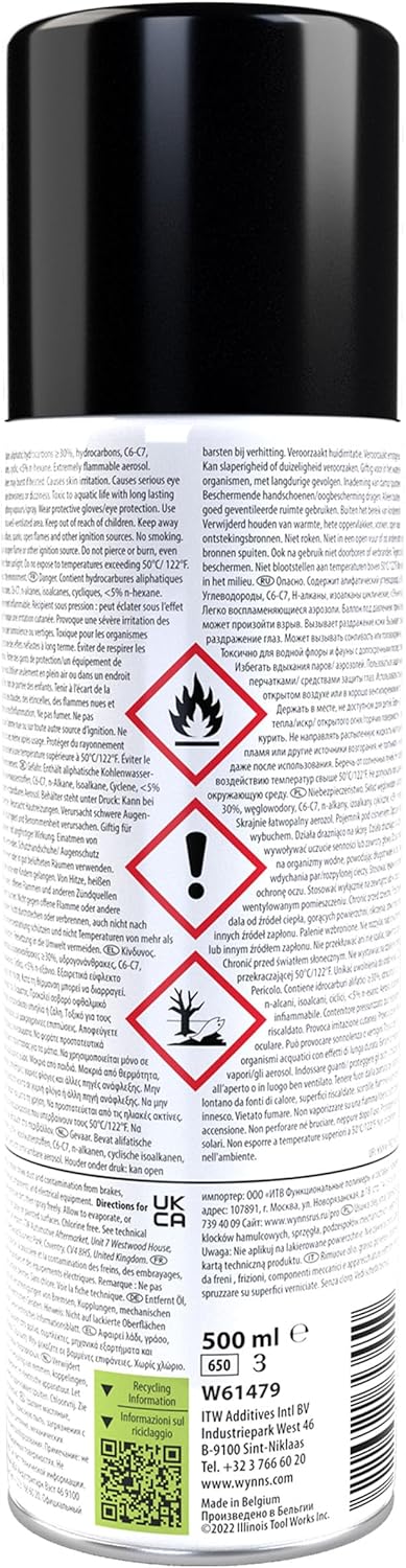 A black 500ml professional aerosol canister with an orange cap of Genuine WYNNS Brake and Clutch Cleaner solvent