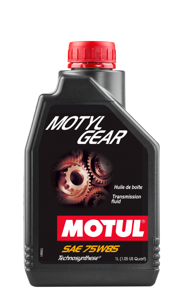 A black bottle of Motul Motylgear 75W-85 fluid for transmissions and differentials.