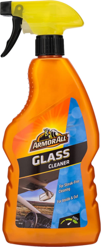 An orange spray bottle of Armor All Glass Cleaner for automotive windows.