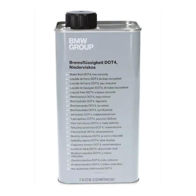A rectangular silver metal can with a black cap of Genuine BMW Group Brake Fluid DOT 4 1000ml