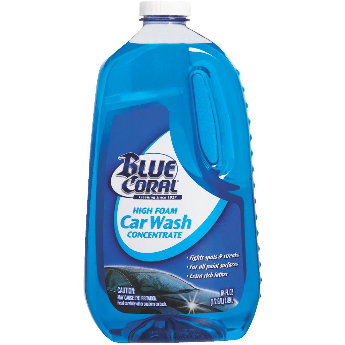 A 1.89LT (64 FL OZ) blue transparent plastic bottle of Blue Coral High Foam Car Wash Concentrate.