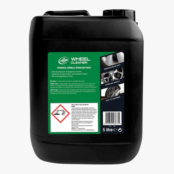 A 5 liters black plastic jug of Wheel Cleaner Pro Valeting by Turtle Wax