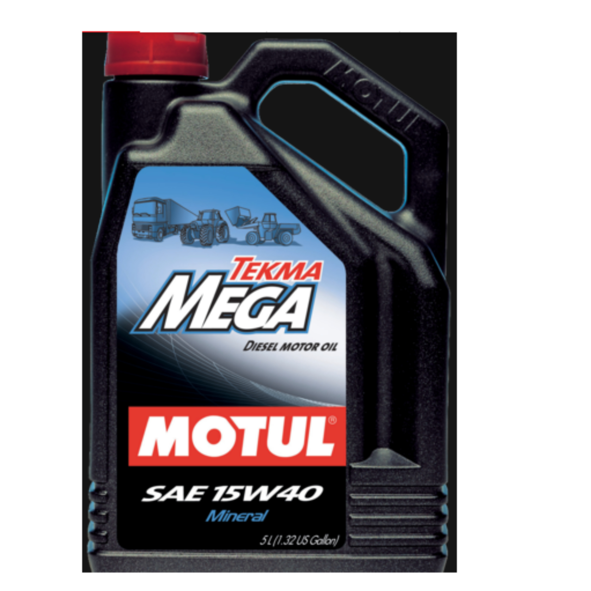A black 5-liter plastic jug of Motul Tekma Mega 15W-40 heavy-duty diesel engine oil