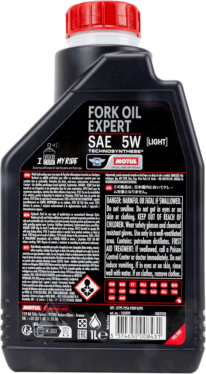 A black bottle of Motul Fork Oil Expert 5W Light (1 Liter)