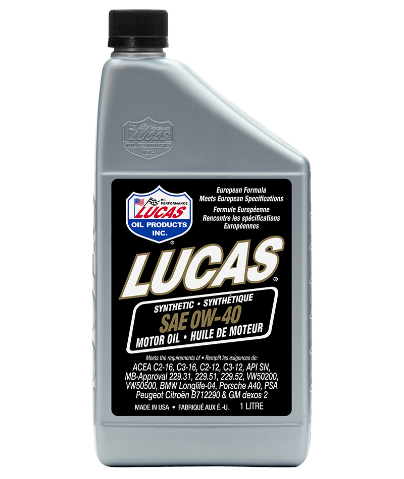 A single dark grey bottle of Lucas 0W-40 Full Synthetic motor oil 946ml