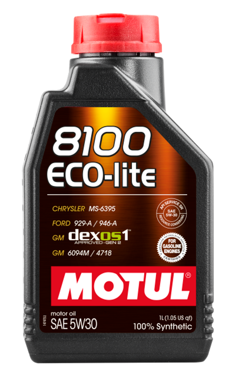 A black 1-liter container of Motul 8100 Eco-lite 5W-30 dexos1 Gen3 100% Full Synthetic motor oil