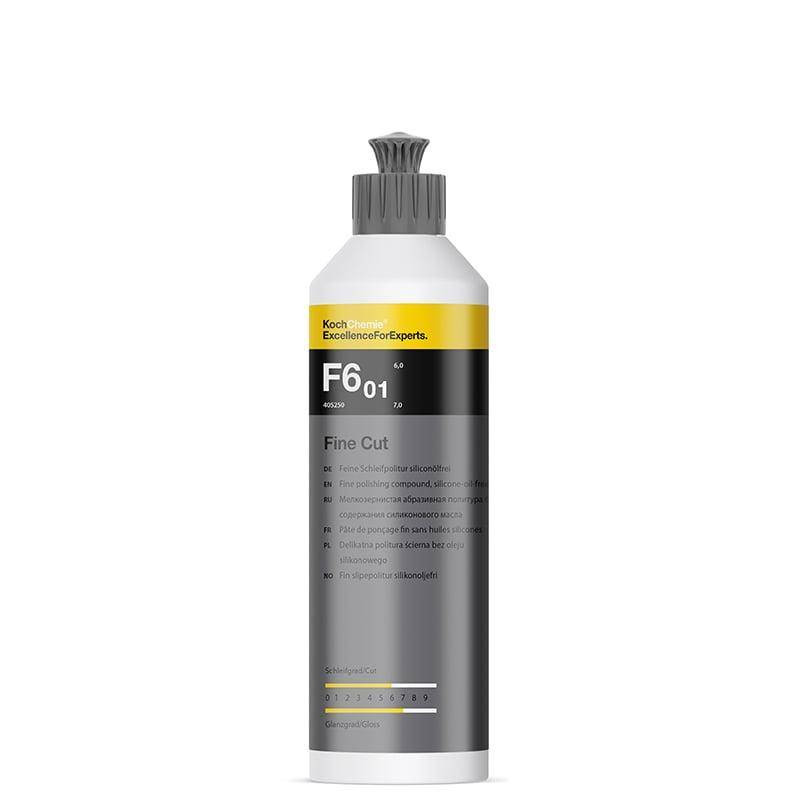 Koch-Chemie Fine Cut F6.01 polishing compound bottle with a black and silver label, 250ml capacity.