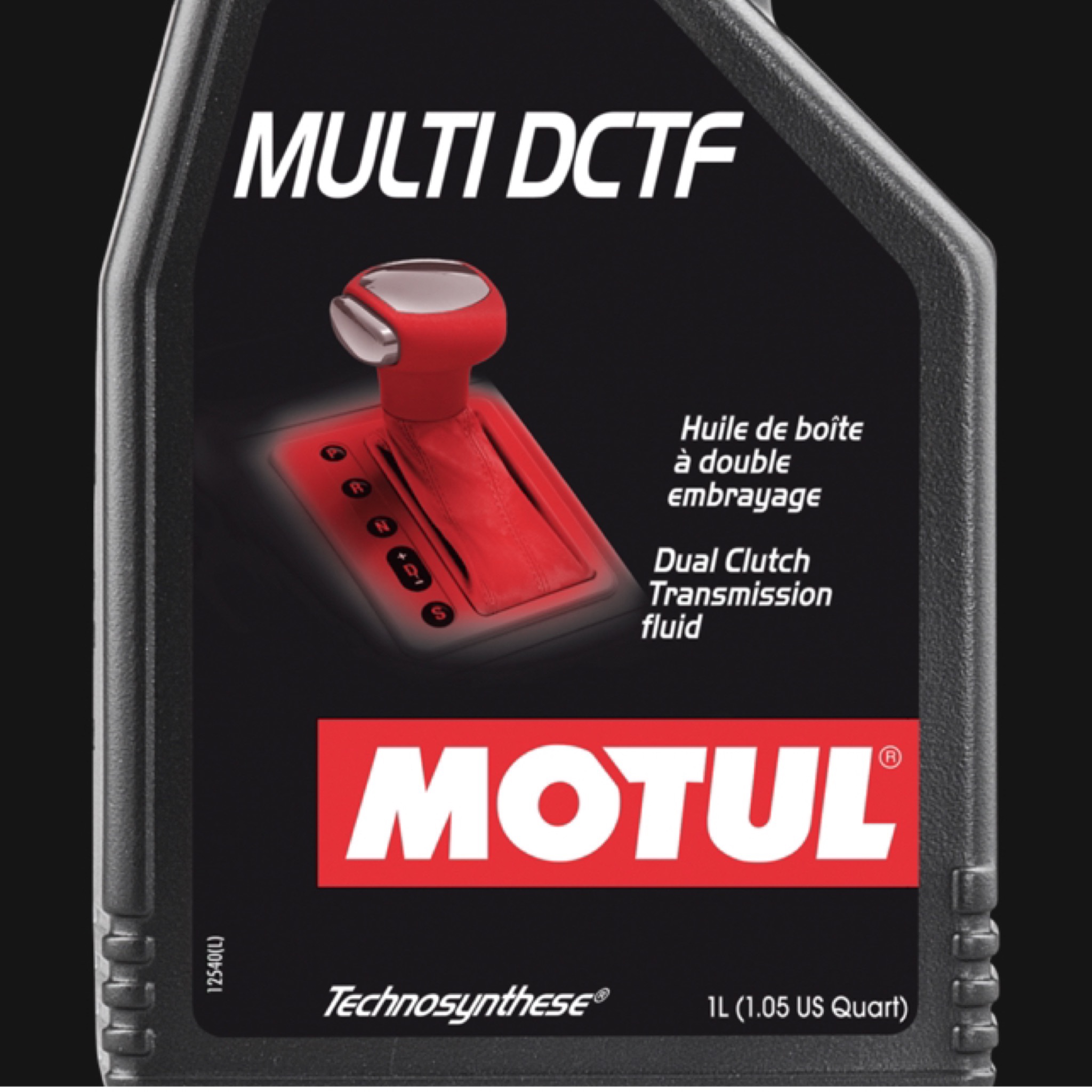 Black bottle of MOTUL MULTI DCTF fluid with a red cap and a label featuring a gear shifter.