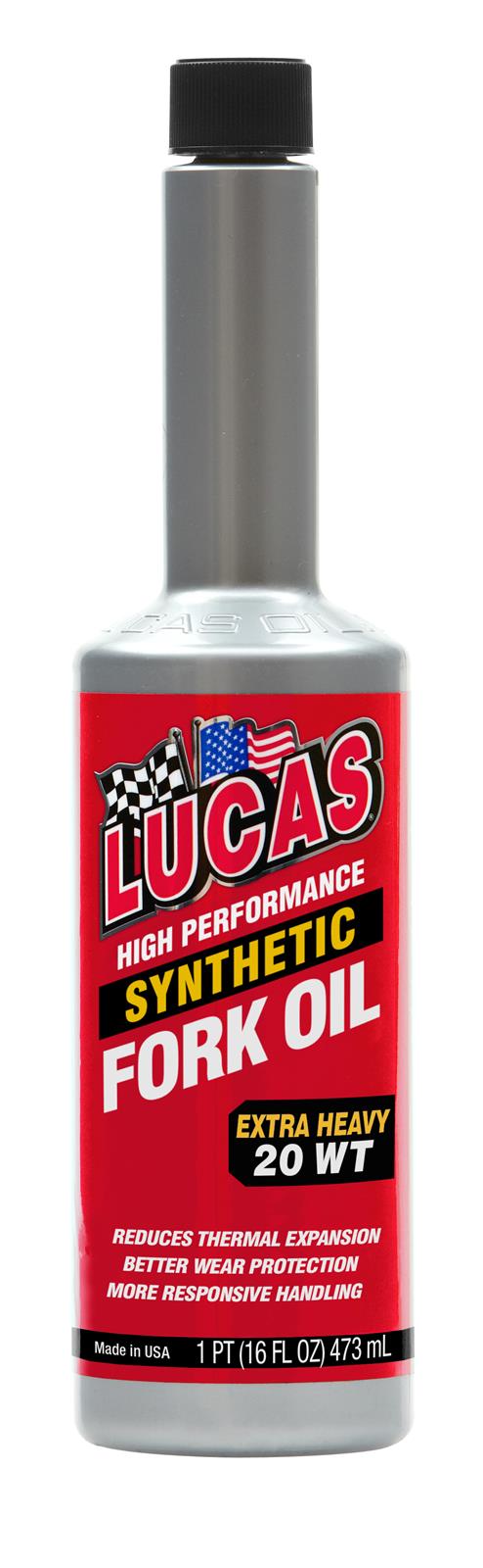 A silver bottle of Lucas High Performance Synthetic Fork Oil 20WT Extra Heavy (473mL)