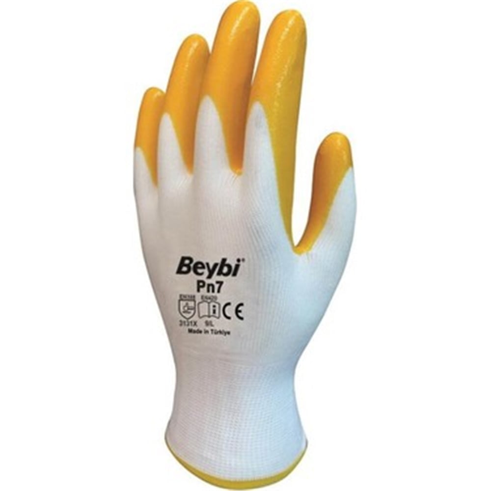 A pair of premium Beybi lightweight safety gloves featuring a flexible white polyester knit body