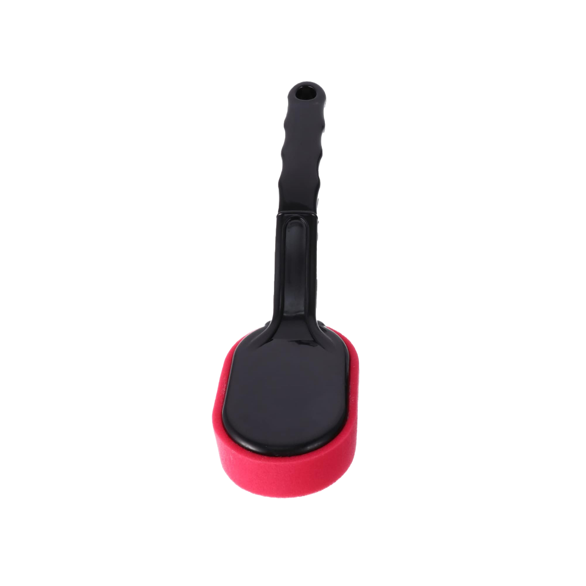 A red rectangular sponge dedicated to polishing and cleaning car tires, mounted on a long black plastic handle
