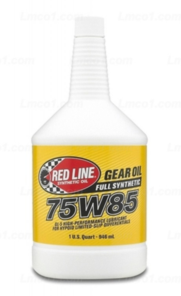 A white bottle with a yellow label for Red Line Full Synthetic 75W85 Gear Oil
