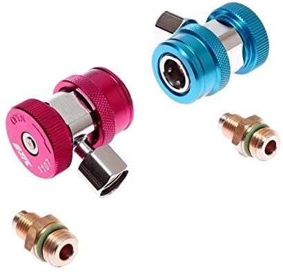 Blue JTC R134a low-side quick coupler adapter displayed alongside a separate threaded brass terminal fitting with a green seal.