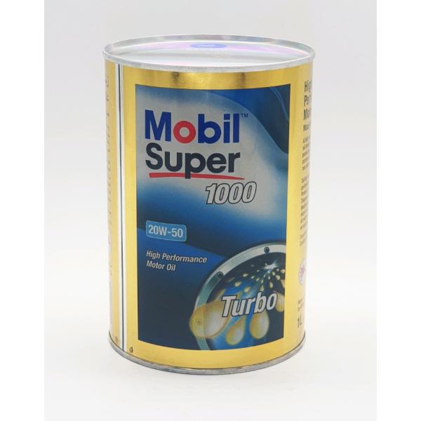 Front view of a 1-liter gold and blue metal can of genuine Mobil Super 1000 20W-50 Turbo engine oil.
