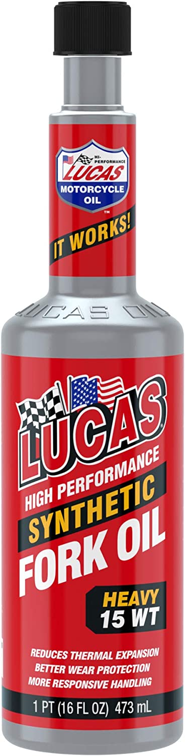 A silver bottle of Lucas High Performance Synthetic Fork Oil 15 WT Heavy (473 mL)