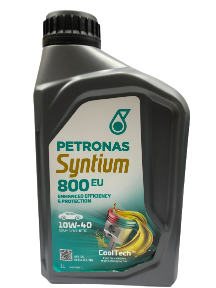 A dark gray 1-liter container of PETRONAS Syntium 800 EU 10W-40 Semi Synthetic motor oil