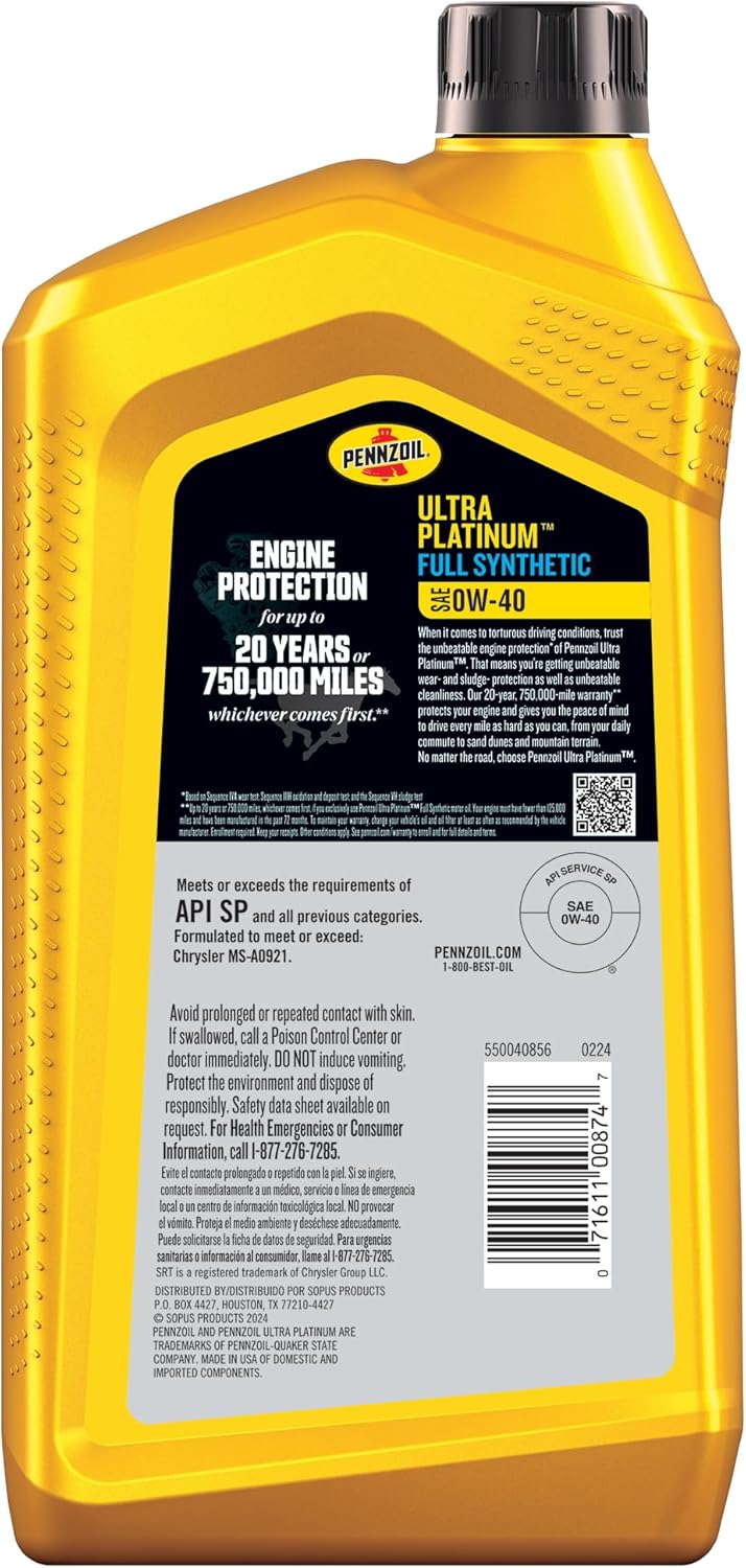 Pennzoil Ultra Platinum 0W-40 full synthetic motor oil 946ml