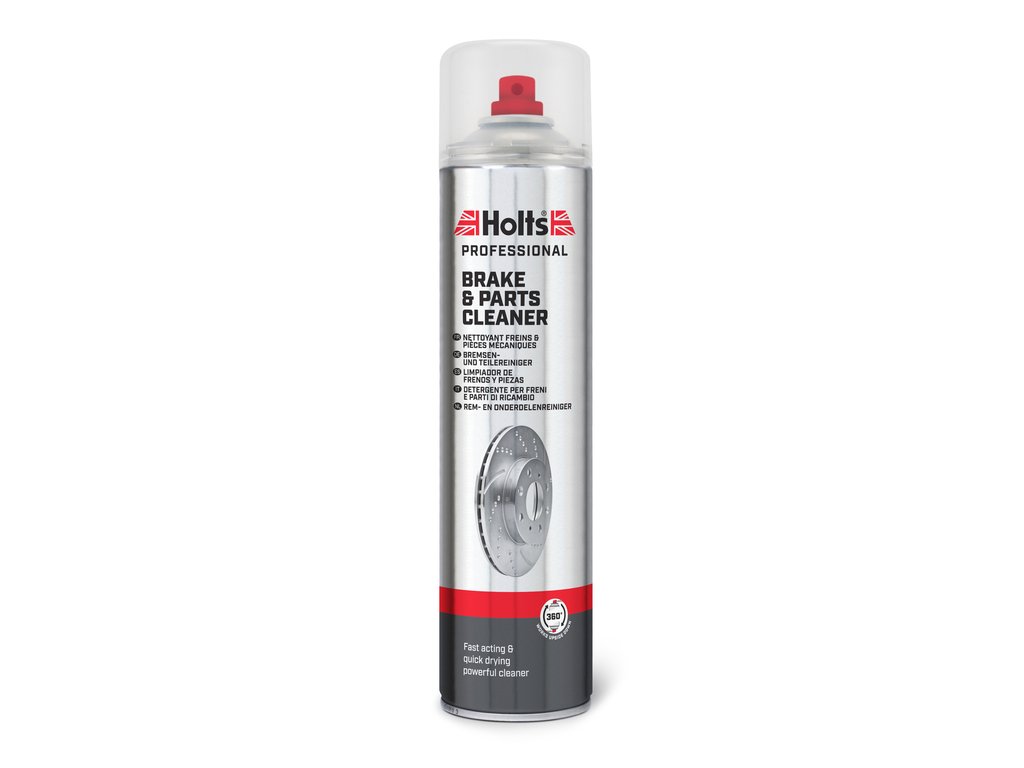 A silver 600ml professional aerosol canister with a red spray nozzle of Genuine Holts Brake & Parts Cleaner solvent