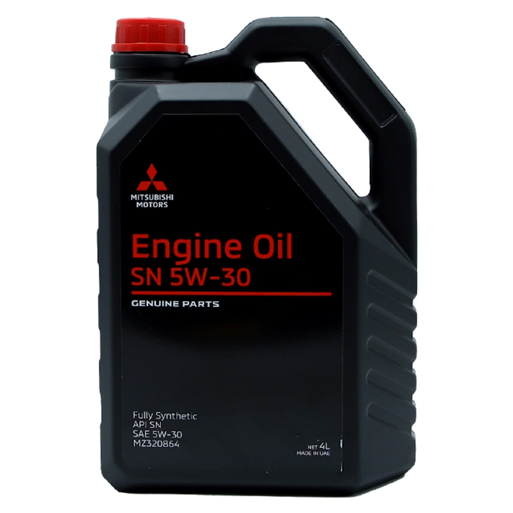 A 4-liter black gallon of genuine MITSUBISHI SN 5W-30 Fully Synthetic engine oil