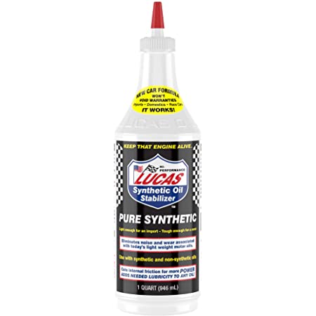 A 1-quart (946ml) clear bottle of Lucas Pure Synthetic Oil Stabilizer fluid for modern engines