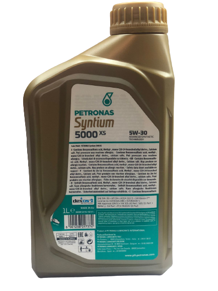 A 1-liter bottle of premium PETRONAS Syntium 5000 XS 5W-30 engine oil