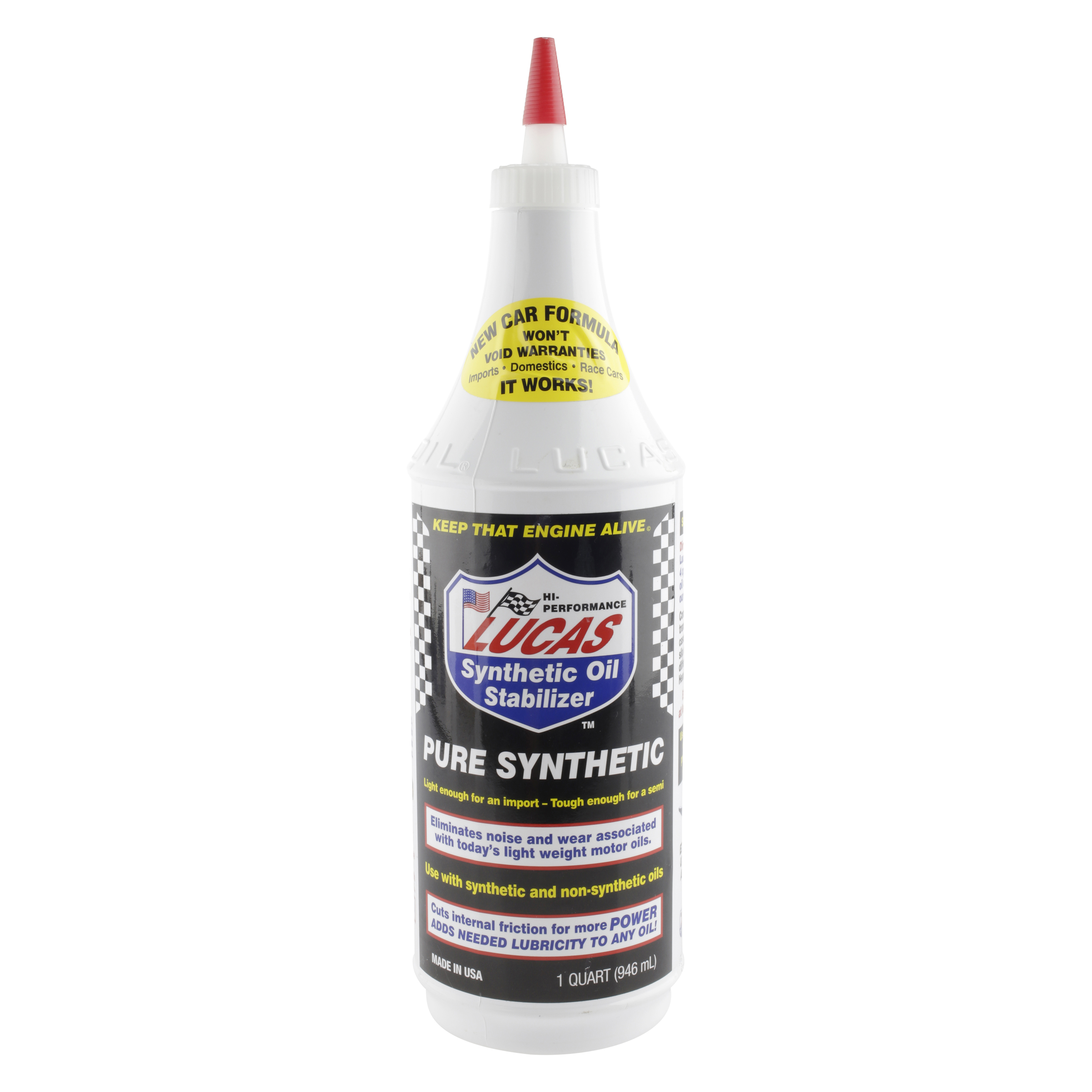 A 1-quart (946ml) clear bottle of Lucas Pure Synthetic Oil Stabilizer fluid for modern engines