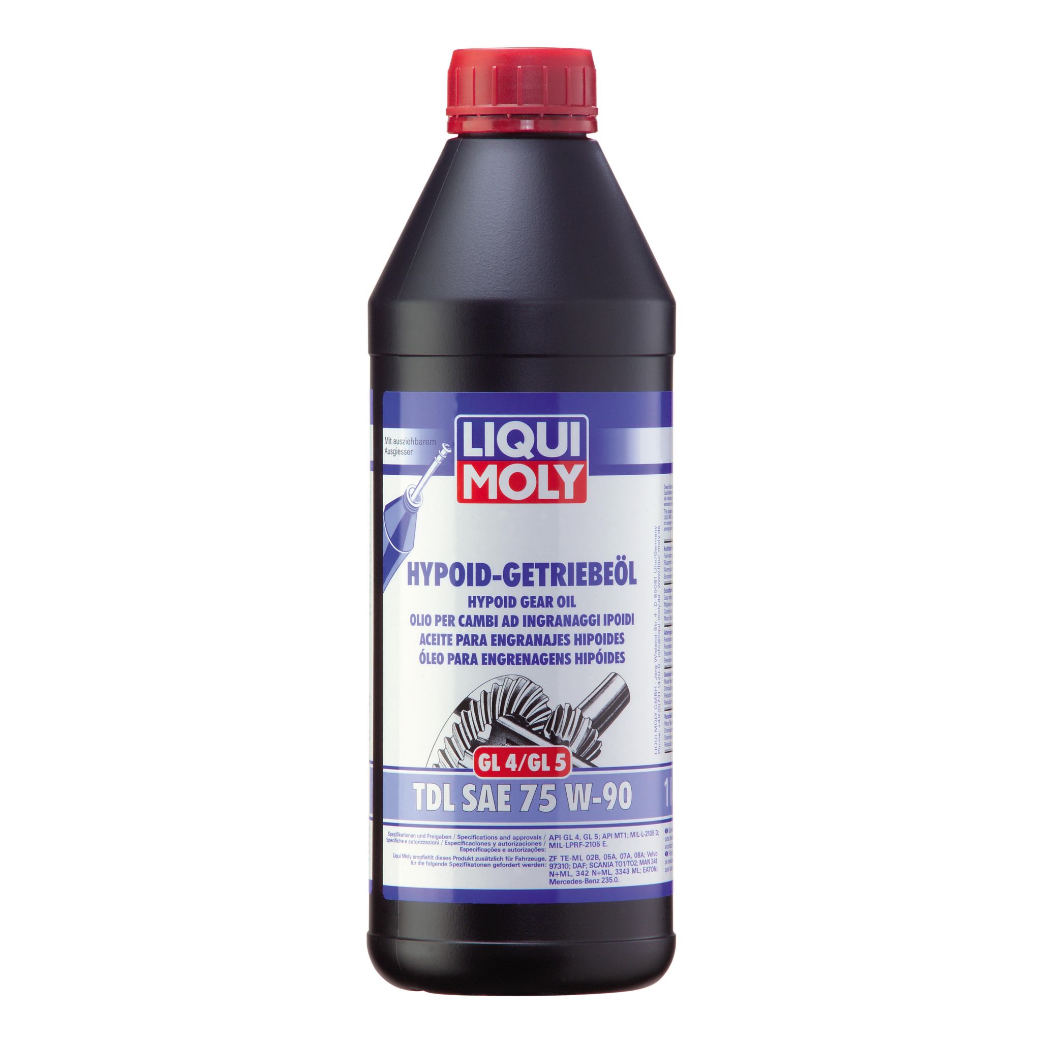 A black bottle of Liqui Moly Hypoid-Getriebeöl SAE 75W-90 gear and differential oil.