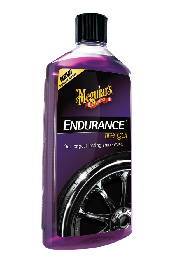 A 473ml purple bottle with a black cap of Meguiar's Endurance Tire Gel from the USA