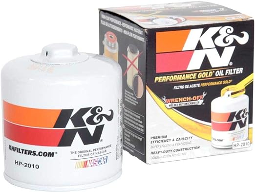 K&N oil filter in white with red and orange K&N logo