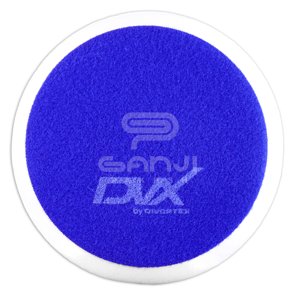 A round rough polishing pad showing its blue backing with the printed DVX logo