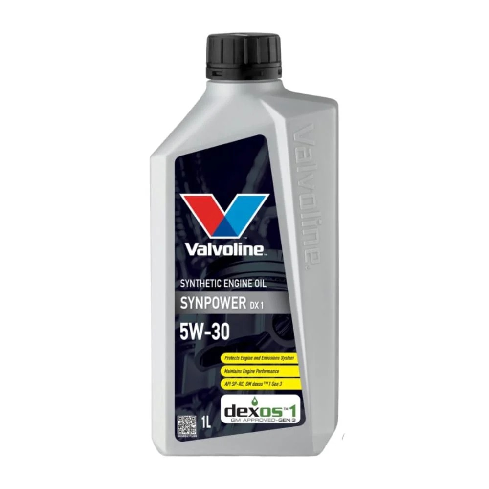 A silver bottle of Valvoline SynPower DX1 5W-30 Full Synthetic 1L