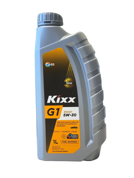 A silver 1-liter container of Kixx G1 5W-30 Full Synthetic engine oil