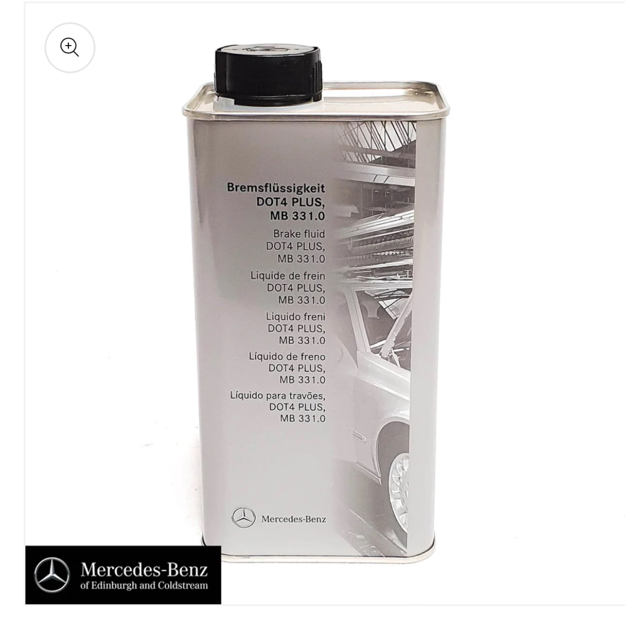 A 1-liter rectangular silver metal can of genuine Mercedes-Benz Brake Fluid DOT 4