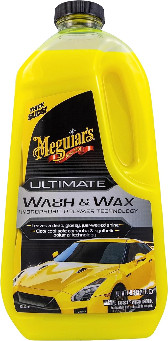 A yellow plastic gallon bottle with a black cap and top handle,by Meguiars with an image of a yellow sports car, 1.4L capacity.
