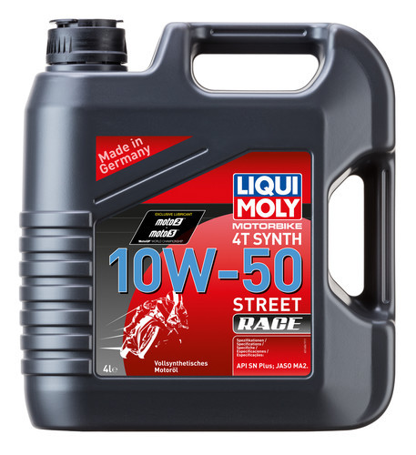 A 4-liter container of Liqui Moly Motorbike Synth 4T 10W-50 Street Race engine oil