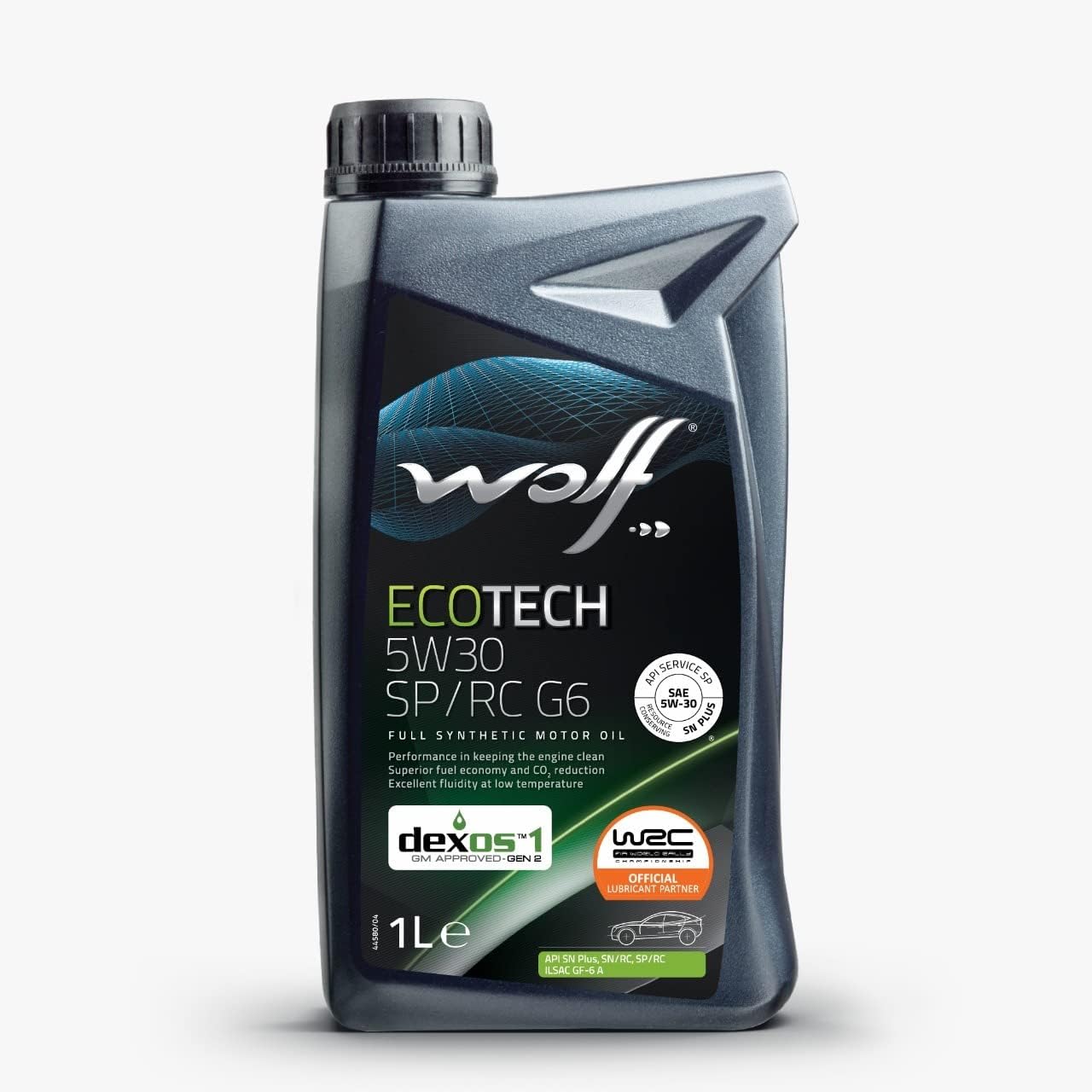 a genuine 1L dark gray plastic container of Wolf Ecotech Full Synthetic Hybrid 5W-30 engine oil on CarBoost store.