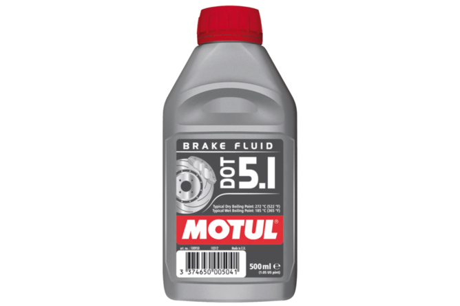 A grey plastic bottle with a red cap of Motul Brake Fluid DOT 5.1 500ml
